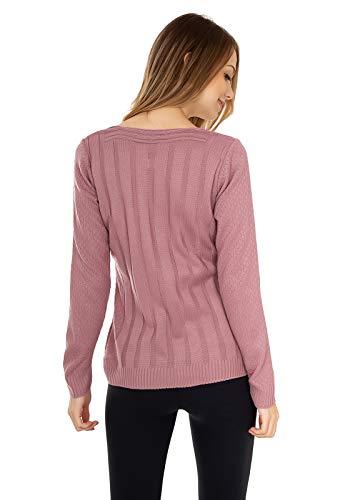Blusa Bella Store Manga Longa De Tricô Trançada e Decote V Feminina (Rosa)