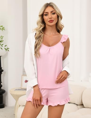 Image of Ekouaer Pajama for Women Set 2 Piece Ruffle Cami Top and Shorts Pjs