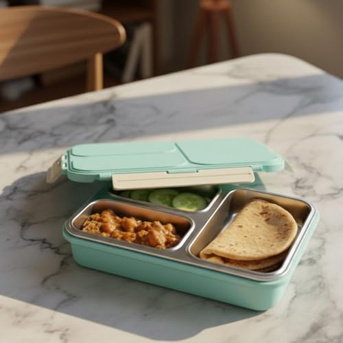 Image of Vinod GO-Tiffin Stainless Steel 3 Compartment Insulated Lunch Box | Blue | Leaf-Proof, Vacuum Sealed & Air Tight | Tiffin Box for Office, Kids & Adults | Freezer Safe | with Safety Lock