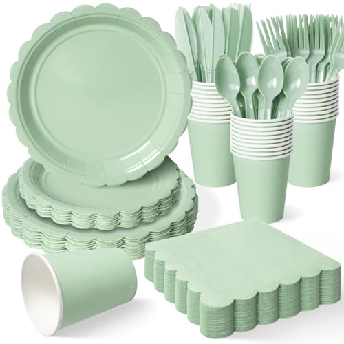 Vyntra 350 Pcs Sage Green Disposable Paper Plates and Napkins Set for 50, 9' Dinner Plates & 7' Dessert Plates, Tableware for Bridal Shower, Birthday, Garden Party