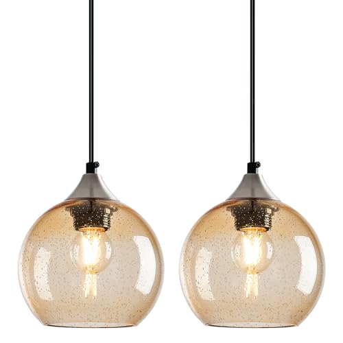 Image of Light Brown Glass Pendant Lights Kitchen Island Globe Pendant Light Fixtures Modern Pendant Lighting for Bedroom Living Dining Room Light Fixture (5.9 in, 2 Pack)