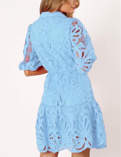 Image of Women's Summer Hollow Out Lace Mini Dress Lantern Sleeve Lapel Button Ruffle Casual Beach Party Dresses
