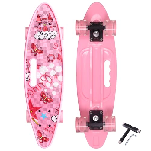 Nattork 23.5 Inch Mini Cruiser Girls Skateboard with Portable Handle Classic Retro Plastic Complete Kids Skateboard for Boys Youths Beginners (Pink Castle)