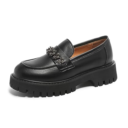 Image of Chunky Loafers Women Platform Loafers for Women Chunky Heel Lug Sole Loafers for Women Slip ons Round Toe