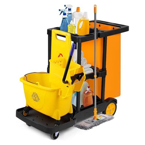 mosegor Putzwagen Reinigungswagen Profi, Reinigungswagen mit 65L Tasche,4 Rollen Einigungswagen für Gewerbe Hotelservice, Gastronomie, Großküche, 113 x 56 x 93 cm