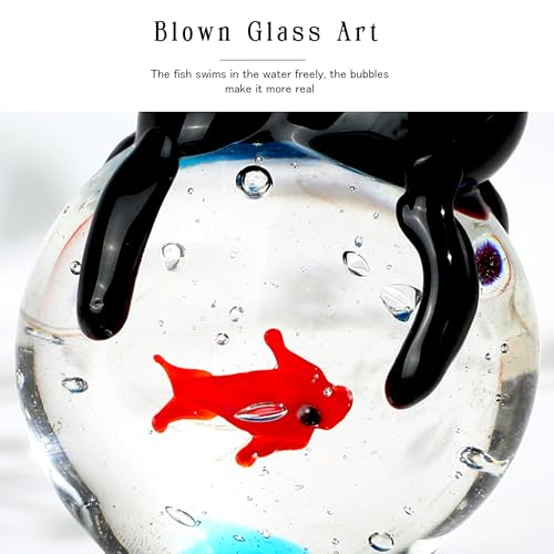 QFkris Blown Glass Black Cat Figurine, 1.6“ Mini Glass Animals Sculpture, Cat and Fish Art Collectible Figurines for Home Decor, Gift for Mom Cat-Lover Birthday - Image 4