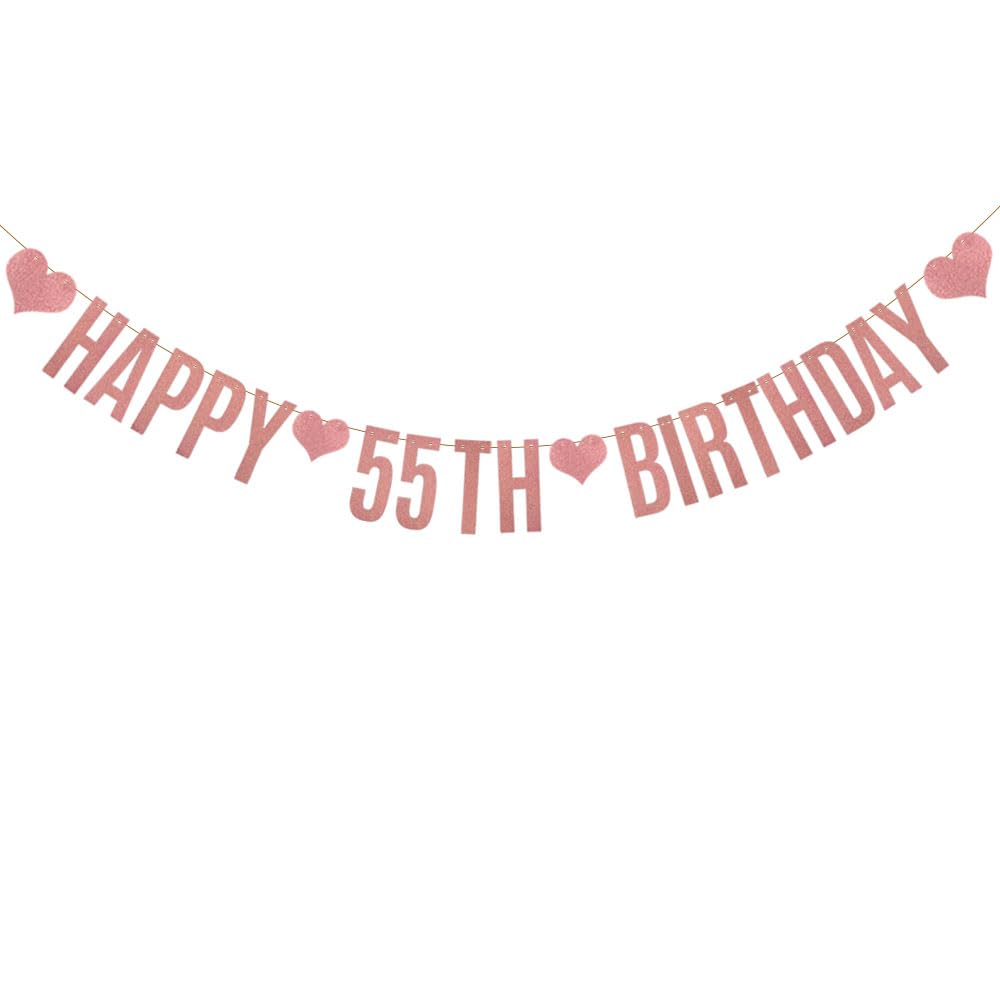 HAPPY 55TH BIRTHDAY Banner,Rose Gold Glitter Paper Banner for 55th Birthday Party Decorations Supplies,Pre-Strung, No Assembly Needed,Letters Rose
