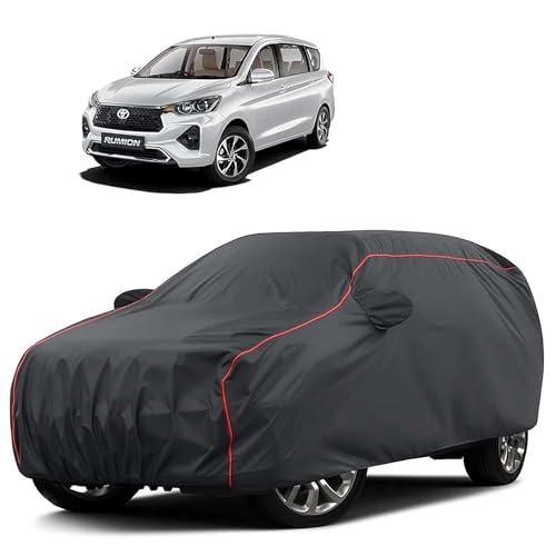 Image of Sulfar 100% Water Resistant Car Body Cover Compatible with Mirror for Toyota Rumion(Ertiga) (Triple Stitched, Full Bottom Elastic, Dark Grey Tafetta with Red Piping)