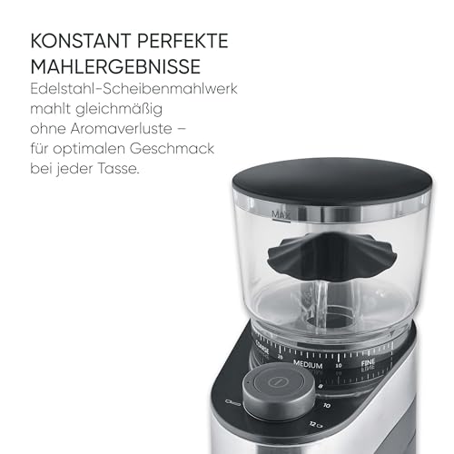 SEVERIN elektrische Kaffeemühle, aromaschonendes Scheibenmahlwerk, einstellbare Mengendosierung, Mahlgrad in 30 Stufen einstellbar, abnehmbarer Bohnenbehälter, 140 Watt, Edelstahl, KM 3880