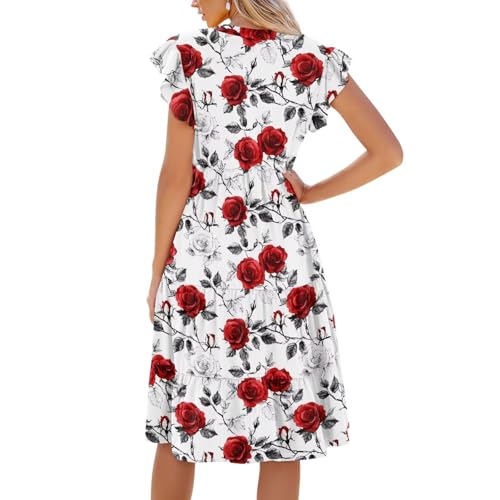 Image of Women's Casual Ruffle Sleeve Dress V Neck Pullover Dress Flowy A-Line Pleated Lightweight Dress with Pockets