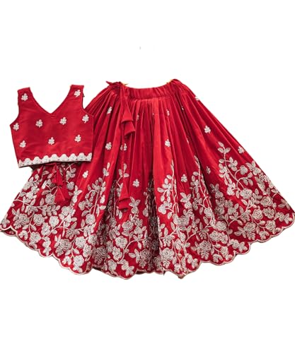 RJ ONLINE Girls Readymade Crop Top With Lehenga - Taffeta Silk Embroidered Lehenga Choli - Perfect for Ethnic, Party & Wedding - Traditional Dress