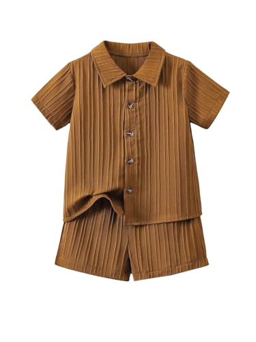 Image of SweatyRocks Boy's 2 Piece Summer Vacation Outfits Short Sleeve Collar Button Down Shirt and Shorts Clothing Set