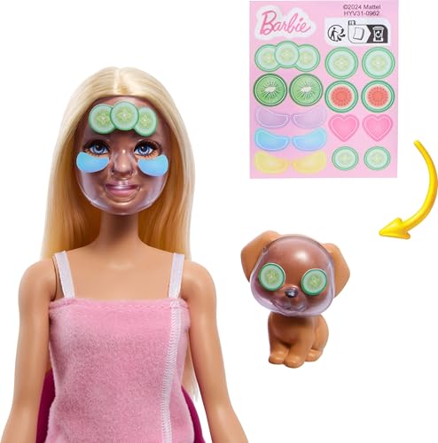 Image of Barbie Face Mask Toy Playset with Doll & 10+ Accessories Including 3 Powder Packs to Make Dough Masks, Spa Furniture, Pet Puppy, Sticker Sheet, & More