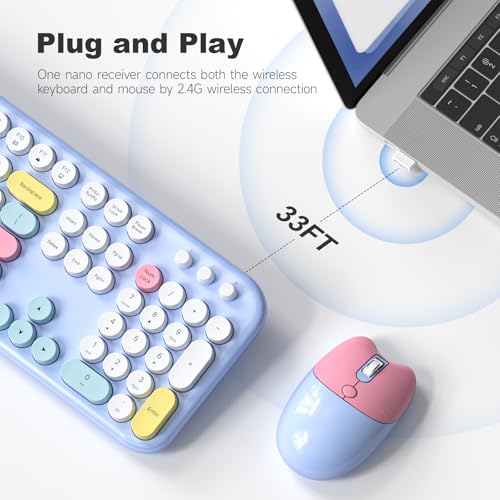 MOFII Wireless Keyboard and Mouse Combo - 2.4GHz Full-Size Retro Typewriter Keyboard with Round Keys, 3 Level Adjustable Optical Mouse, Plug & Play - Compatible with PC/Laptop/Desktop - Light Blue Mix by MOFII - Image 3