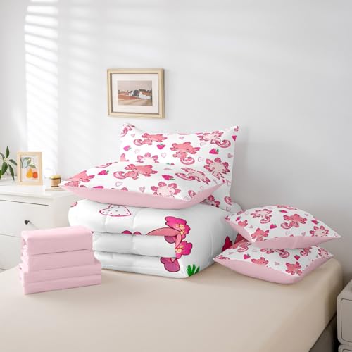 Image of Feelyou Kids Cute Axolotl 7 Pieces Bedding Set King Size, Strawberry Bed in A Bag Boys Girls Kawaii Ocean Sealife Comforter Set with Sheets Cartoon Fruit Teens Bed Set Bedroom Decor 7Pcs