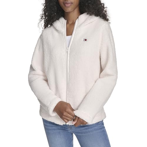 Tommy Hilfiger para mujer Sudadera con capucha y cremallera Sherpa de forro polar, Marfil suave, XL