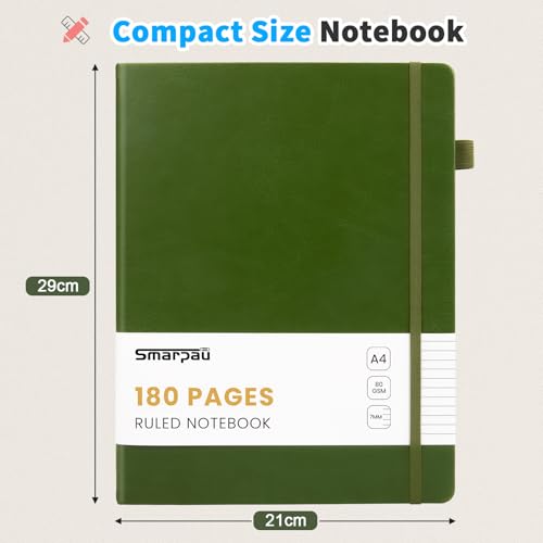 Smarpau Notizbuch Liniert A4, Leichtes Journal Tagebuch mit 180 Seiten,80gsm Papier,Notizbücher, Innentasche, Softcover für Büro Schule Arbeit Frauen Männer, 21.3 x 29.5cm - Dunkelgrün