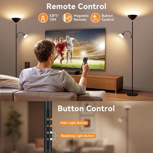 Image of SIBRILLE 2-in-1 Torchiere Floor Lamp, 34W Super Bright LED Standing Lamp with Remote & Touch Control, 72 inch Dimmable Adjustable Corner Reading Lamp for Living Room, Bedroom, Office, Black