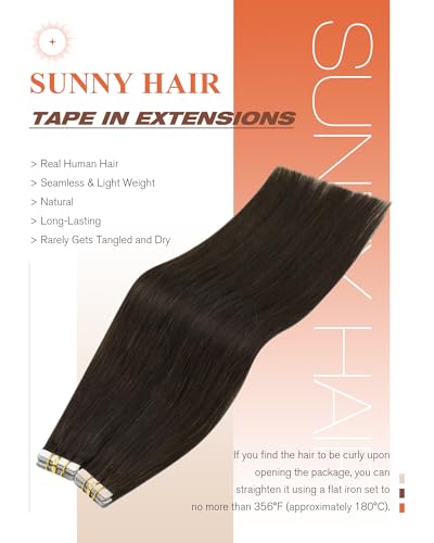 Sunny Hair Tape in Hair Extensions Real Human Hair Invisible Remy Hair Extensions Tape ins for Women Dark Brown 18 inch 20Pcs 50G