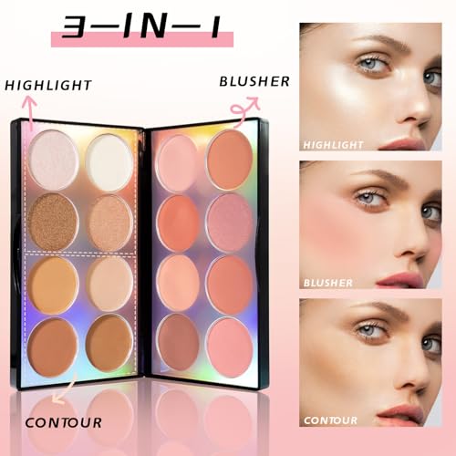 NewBang 16 Colors Blush Contour Highlighter Makeup Palette with Brush, Matte Mineral Face Blush Powder for Cheek, Bright Shimmer Illuminator Bronzer Professional Facial Beauty Makeup Blushes Set 3pcs