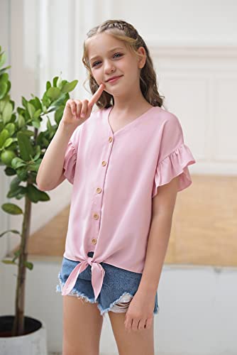 Image of Girls Ruffle Short Sleeve Shirts V Neck Tie Front Knot Tops Button Cute Tunic Shirts Blouse