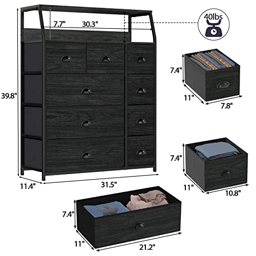 Furnulem 9 Drawer Dresser With Shelf, Fabric Black Dresser For Bedroom, Closet, Living Room, Entryway, Tall Chest Storage Organizer Tower, Wooden Top, Metal Frame, Industrial Style (Black Oak) #TOP2