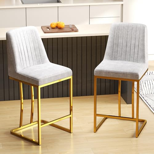 Image of LSSBOUGHT Counter Height Bar Stools Set of 2 24'' Upholstered Padded Barstools with Back Leathaire Counter stools for Kitchen Island Chairs with Gold Metal Iron Frame, Gray
