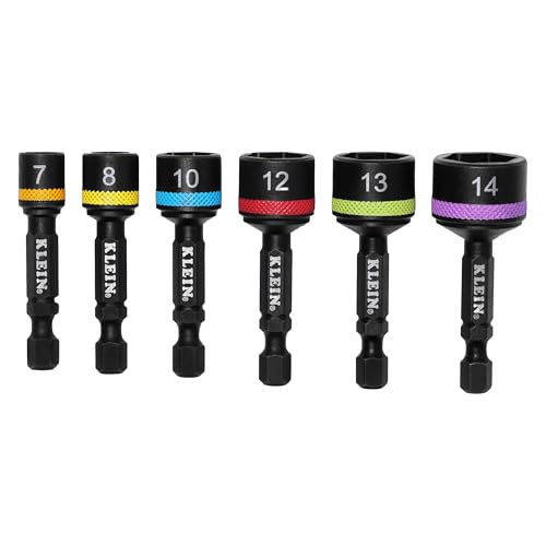 Image of Klein Tools 32926SM 2-Inch Magnetic Power Nut Setters, Compact Impact Driver Set, Color-Coded, Metric, Impact-Rated, 6-Piece