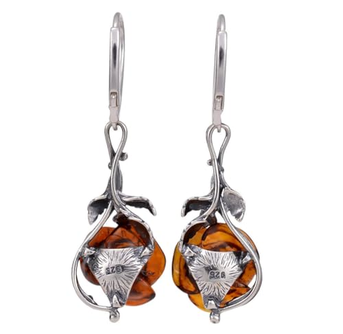 Sterling Silver and Baltic Honey Amber Leverback Earrings Open Rose4