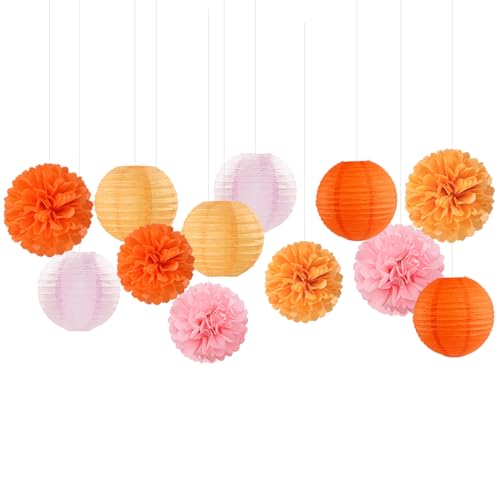 Image of Pink-Orange Groovy Party-Decorations Paper-Flowers Lanterns - 15PCS Baby Shower Tissue Pom Poms Streamers, Fall Wedding Boho Birthday Bridal Bachelorette Sunset Hanging Supplies Decor Hugfond
