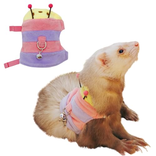 Image of Ferret Harness and Leash Set - Small Animal Soft Fleece Vest with Safe Bell Halloween Outfit Adjustable Traction Rope Outdoor Walking Training Leash for Ferret Rat Bearded Dragon Kitten (Pink)