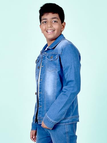 Image of KiddoPanti Boys Denim Jacket | Cotton Poly Blend with Spandex | Washed Denim, Full Sleeve | Button Closure & Front Flap Pockets | Collared Neck