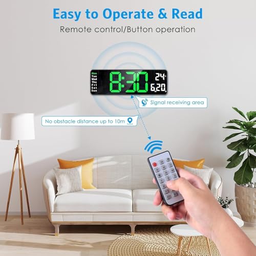 Image of 15-Inch Digital Wall Clock with Large LED Display - Remote Control, Auto-Dimming, Night Light, Date, Day, Temperature, DST Function - Ideal for Living Room, Bedroom (Green & White)
