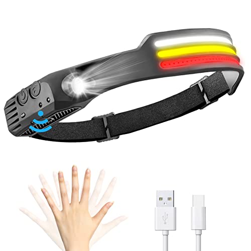 I-SHUNFA Linterna LED con sensor de movimiento, luz blanca COB y amarilla con 9 modos de iluminación baja y alta, linterna de cabeza ligera para correr, camping, pesca, caminar, senderismo, emergencia Cover