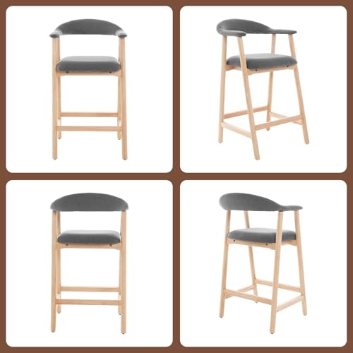 Image of 26 inch Bar Stools Set of 2, Upholstered Counter Stools, Modern Linen Counter Height Bar Chairs with Backs and Arms, Wood Legs and Footrest, for Kitchen Counter, Island, Dining Room, Grey