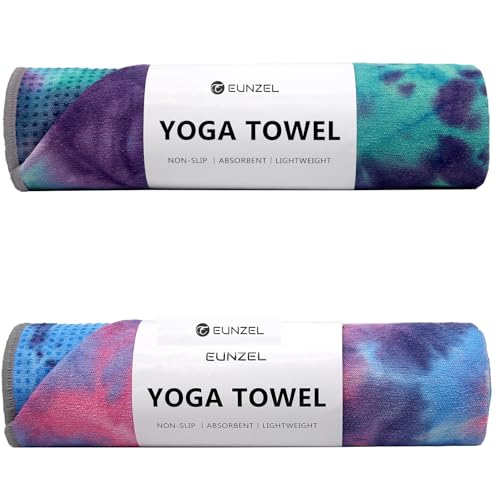 Eunzel 2 Pack Yoga Towel,Hot Yoga Mat Towel with Grip Dots Sweat Absorbent Non-Slip for Hot Yoga, Pilates and Workout 24" x72，Purple & Blue/Green & Purple (2 Pack)
