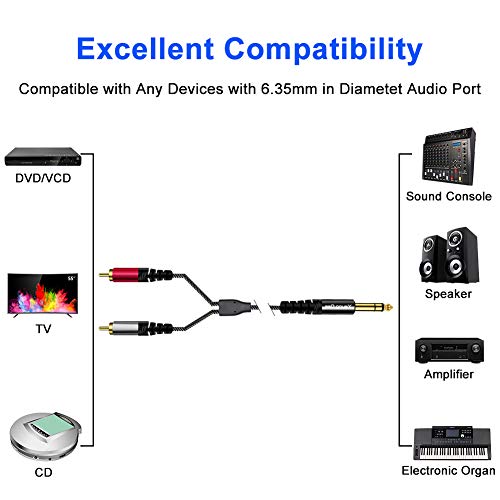 6.35 mm to 2RCA Cable 6 ft,Yeung Qee 6.35mm 1/4 inch Male TRS Stereo Plug to RCA Male Audio Y Splitter Cable Insert Cord (6FT/2M) - Thumbnail 3