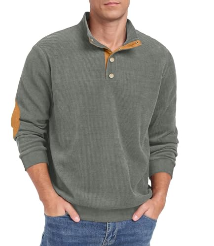 Image of Hisir Mens Corduroy Sweatshirts Henley Neck Snap Buttons Stand Collar Long Sleeve Winter Sweatshirt Tops (Grey,M)