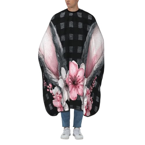 Woshuwo Delantal de corte de pelo con diseño de orejas de conejo, flores rosas, negro, a cuadros, delantal de peluquería para adultos