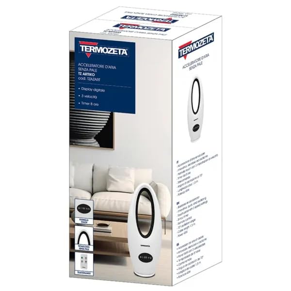 Generico Ventilatore Senza Pale TZ ARTIKO Acceleratore d’Aria Silenzioso Display Digitale Touch 3 Velocità Oscillante 70° Timer 8 Ore Telecomando 45W Design Moderno