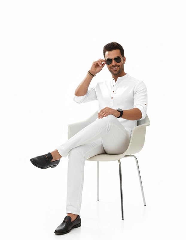 Image of Macsivo Men's Cotton Blend Solid Short Kurta with Regular Lenth Mandarin Neck Full Sleeves and roll-up tab| Kurta Style Shirt for Men