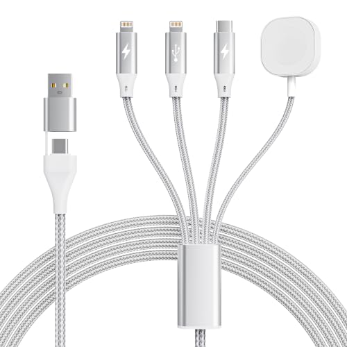 Cable de carga múltiple de 10.2 pulgadas cuadradas para cargador de reloj iPhone, cable USB C todo en uno de 6 pies con Lightning, tipo C y cargador de reloj magnético, certificado MFi para iWatch
