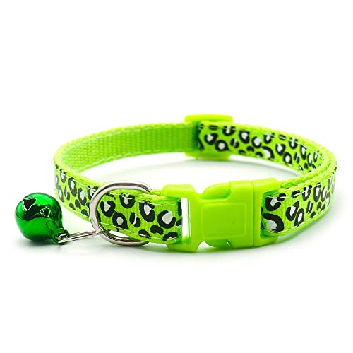Small Dog Puppy Pet Collar Leopard Animal Print Design with Bell Nylon Adjustable Size 19-32cm Green - Image 2