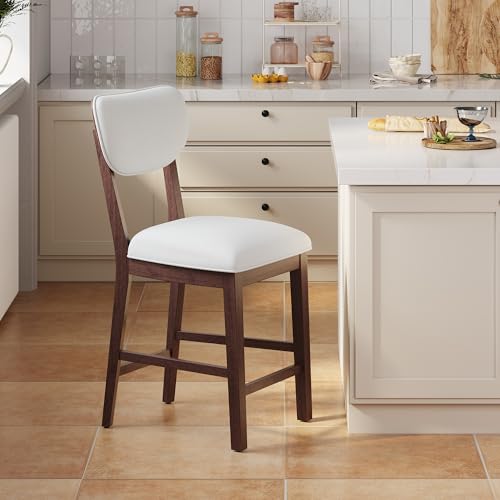 COLAMY Set de 2 Butacos de Madera maciza para barra con asiento acolchado beige y respaldo alto miniatura 3
