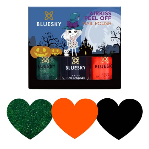 Bluesky Halloween Collection - Juego de esmaltes de uñas infantiles, inodoros, con base de agua, no tóxicos y fáciles de quitar, 3 unidades de 5 ml, incluye pegatinas, negro, verde y naranja (15 ml)