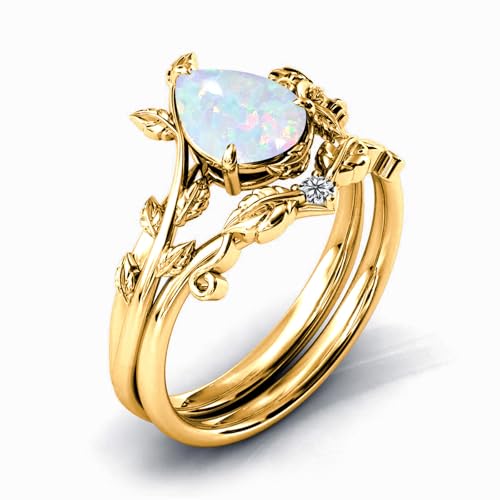 10k/14k/18k Solid Gold 1.5CT Pear Gemstone Vintage Bridal Ring Set for Women Nature Inspired Leaf Vine Art Deco Birthstone Rings Sets Anniversary Engagement Jewelry Gifts for Her Wife Size 4~122