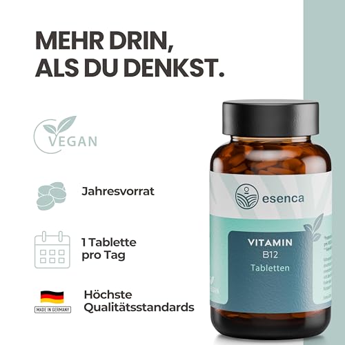 Vitamin B12 Tabletten hochdosiert – 365 Tabletten Jahresvorrat – 250 µg Vitamin B12 + 200 µg Folsäure – vegan – ohne Zusatzstoffe