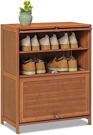 MoNiBloom 4 Tier Shoe Cabinet, Bamboo Free Standing Shoe Shelf Storage Rack with Flip Doors for 9-12 Pairs Home Entryway Hallway Office Bedroom, Brown