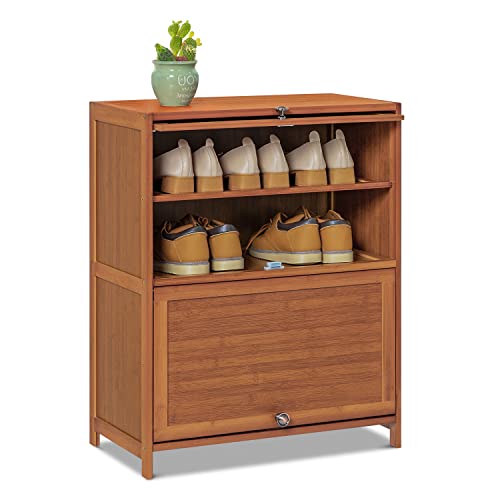 MoNiBloom Zapatero de 4 niveles, estante de almacenamiento de bambú con puertas abatibles para 9 a 12 pares de entradas en el hogar, pasillo, oficina, dormitorio, color marrón Cover