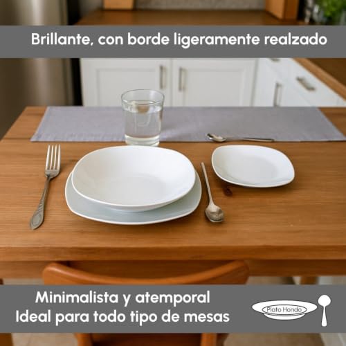 Miniatura 4 de Casaselección Juego De 12 Platos Cuadrados Hondos De Porcelana Blanca De Diseño Moderno De 21.5 Cm Aptos Para Lavavajillas Y Microondas Ideal Para Sopas, Pastas Y Platos Calientes